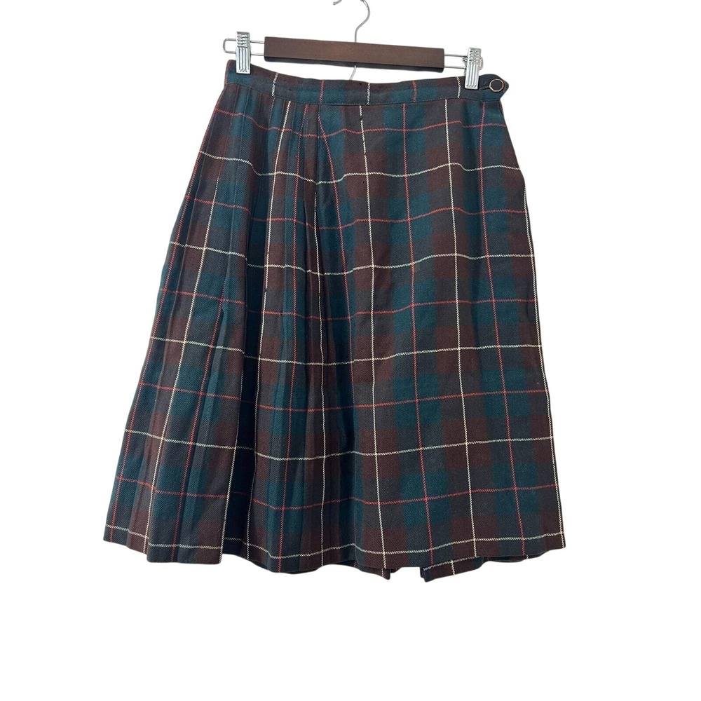 Vintage St Michael All Wool‎ Plaid Pleated Midi Skirt Green Burgundy W26 UK Made